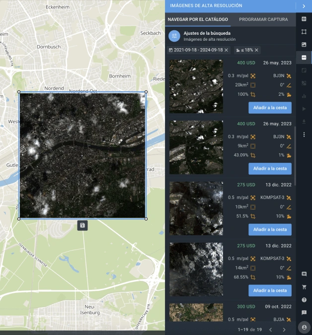 lista de imágenes satelitales de alta resolución disponible para el área de interés