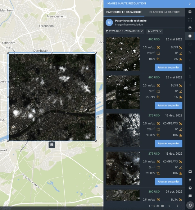 Liste d'images satellites haute résolution gratuites de la Terre disponibles pour la zone d'intérêt