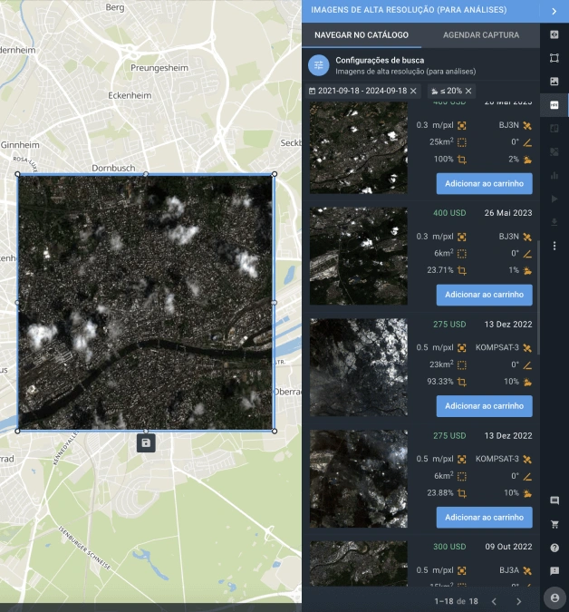 Lista disponível de fotos de satélite da Terra para AOI