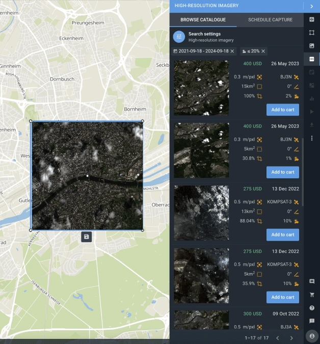 available list of high-resolution earth satellite images for AOI
