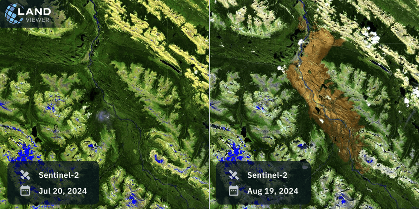 Alberta wildfire map comparison with two live satellite images taken one month apart