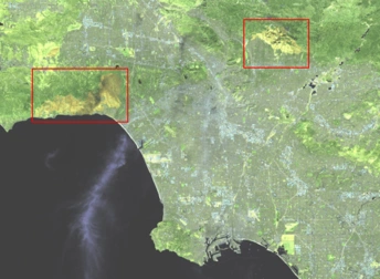 Satellite view of the LA area showing Palisades and Eaton fires, Feb 1, 2025