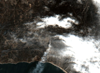 Satellite image shows the thick smoke from the Palisades fire along the southern California coastline, January 2025