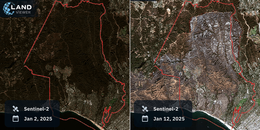 Sentinel-2 before and after Palisades fire satellite imagery