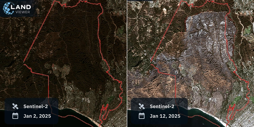 Sentinel-2 before and after Palisades fire satellite imagery