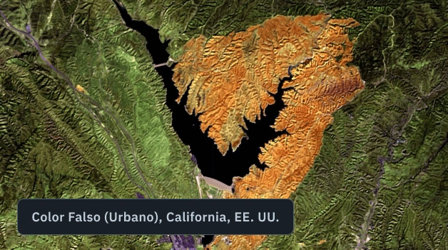 seguimiento por satélite de incendios forestales en California con imágenes en falso color