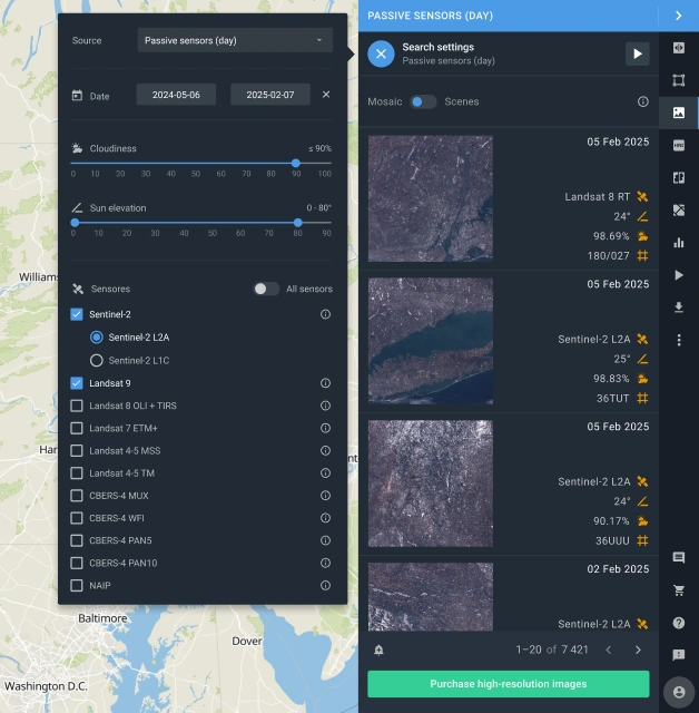 search of current satellite images using various filters