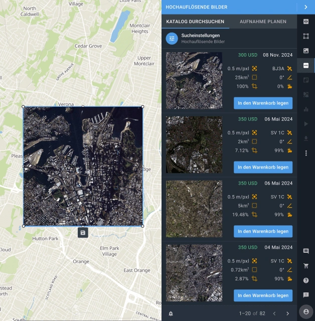 Katalog hochauflösender Bilder in EOSDA LandViewer