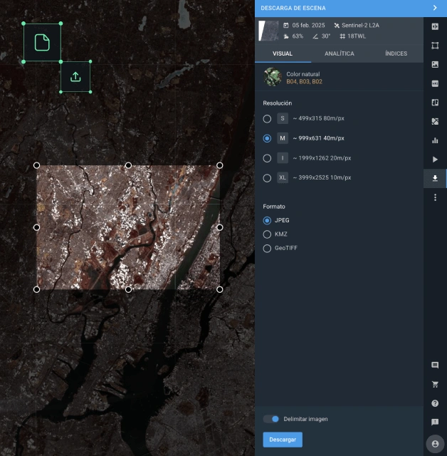 descargue cualquier imagen satelital de la Tierra en vivo o de archivo en formato GeoTIFF, KMZ o JPEG