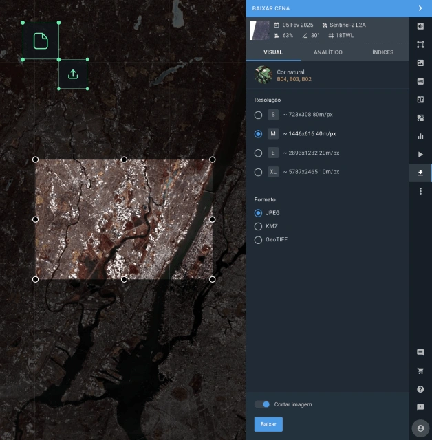 obtenha imagens de satélite ao vivo no formato GeoTIFF, KMZ ou JPEG.