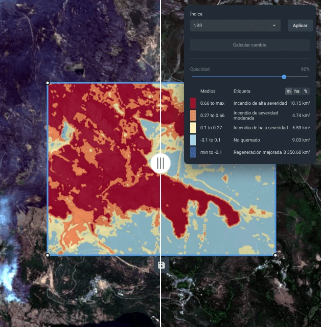 aplicación de Detección de cambios a imágenes satelitales tras un incendio forestal