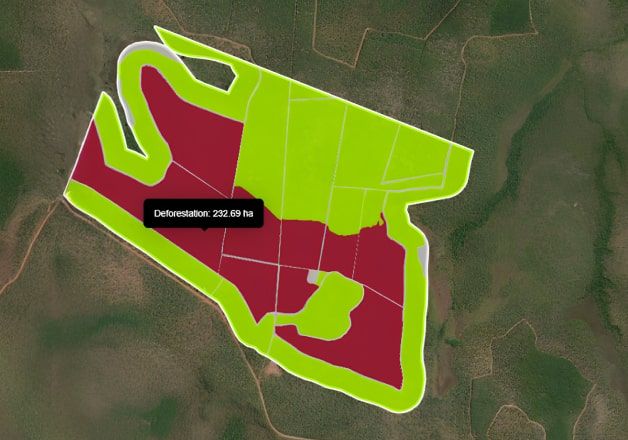 Mapa com campos e florestas demarcados para conformidade com a EUDR