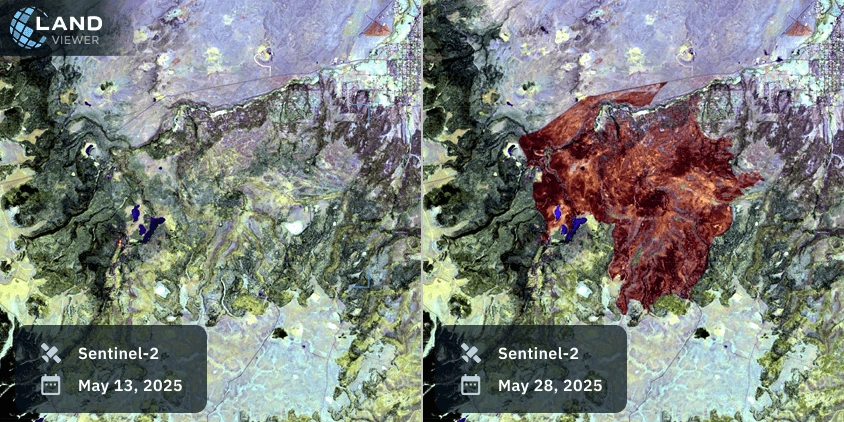Satellite images of Arizona wildfires showing the Greer Fire before and after containment.