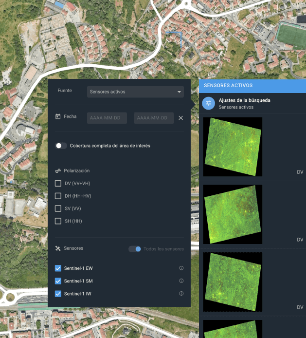 filtro de los datos de Sentinel-1 disponibles