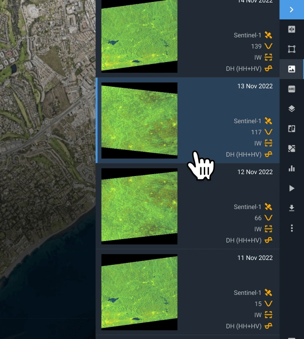 Escolha os dados relevantes do Sentinel-1 para download ou análise