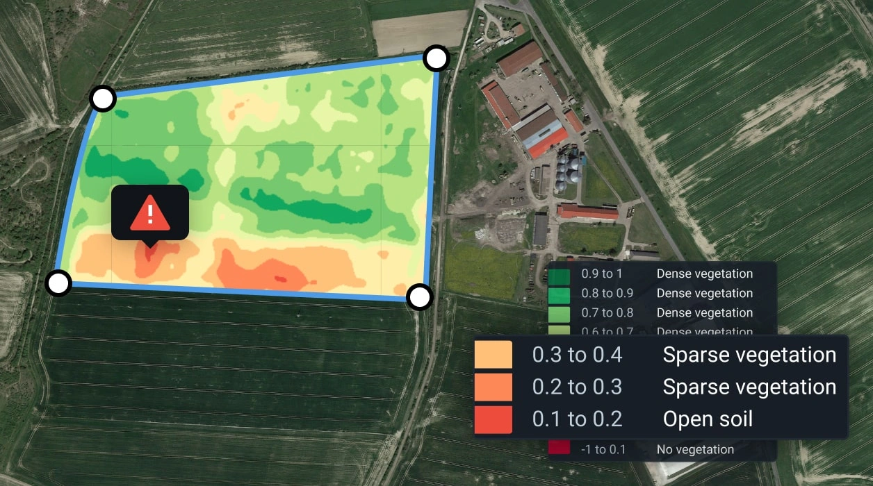 Crop health map showing stress zones using NDVI satellite imagery.