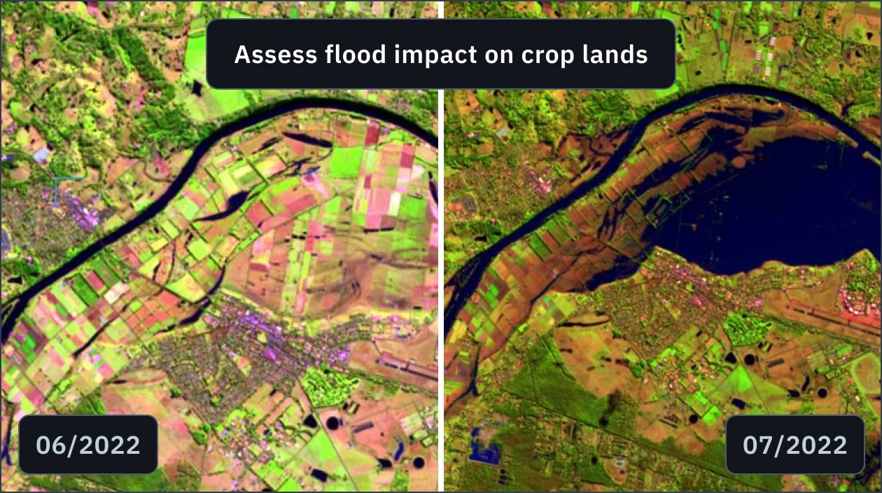 Satellite imagery in agriculture showing before and after flood damage on the farm lands.