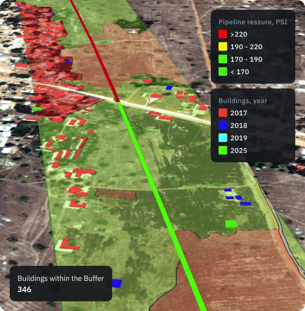 Satellite surveillance of a border region highlighting newly formed routes and changes in terrain.