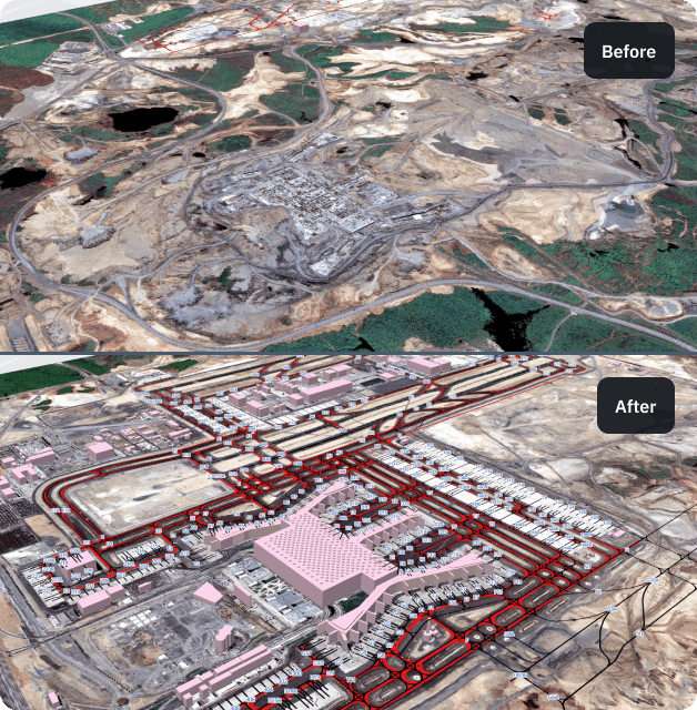 A split-screen satellite comparison showing automated change detection between two different dates.
