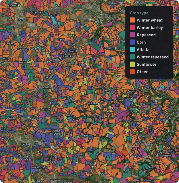 EOSDA satellite map showing color-coded crop classification and precisely detected field boundaries.