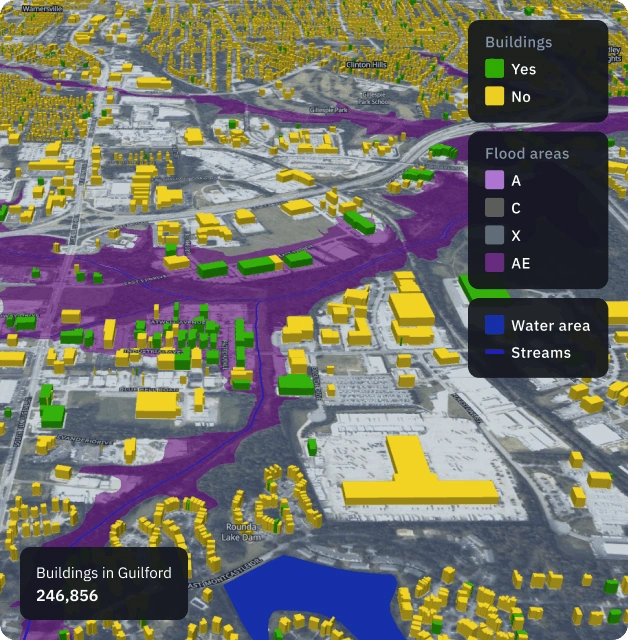 Satellite damage assessment map shows flooded areas and structural impact following a natural disaster.