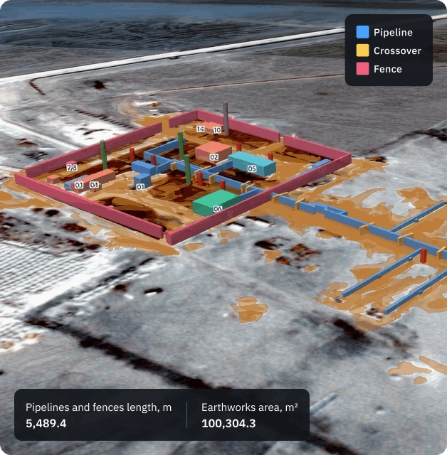 High-resolution satellite view of industrial infrastructure with change detection markers and asset alerts.