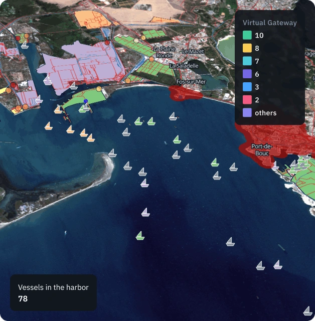 Satellite imagery of shipping lanes and port traffic with identified vessel tracks and security highlights.