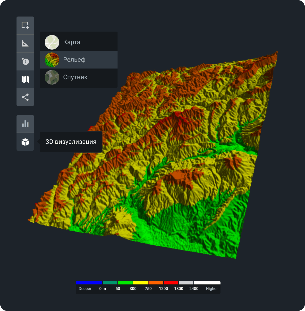 3D-визуализация местности на основе спутниковой карты в реальном времени в LandViewer