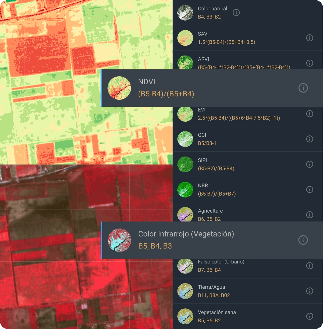 vista satelital en tiempo real de un área de interés (AOI) utilizando dos combinaciones de índices diferentes