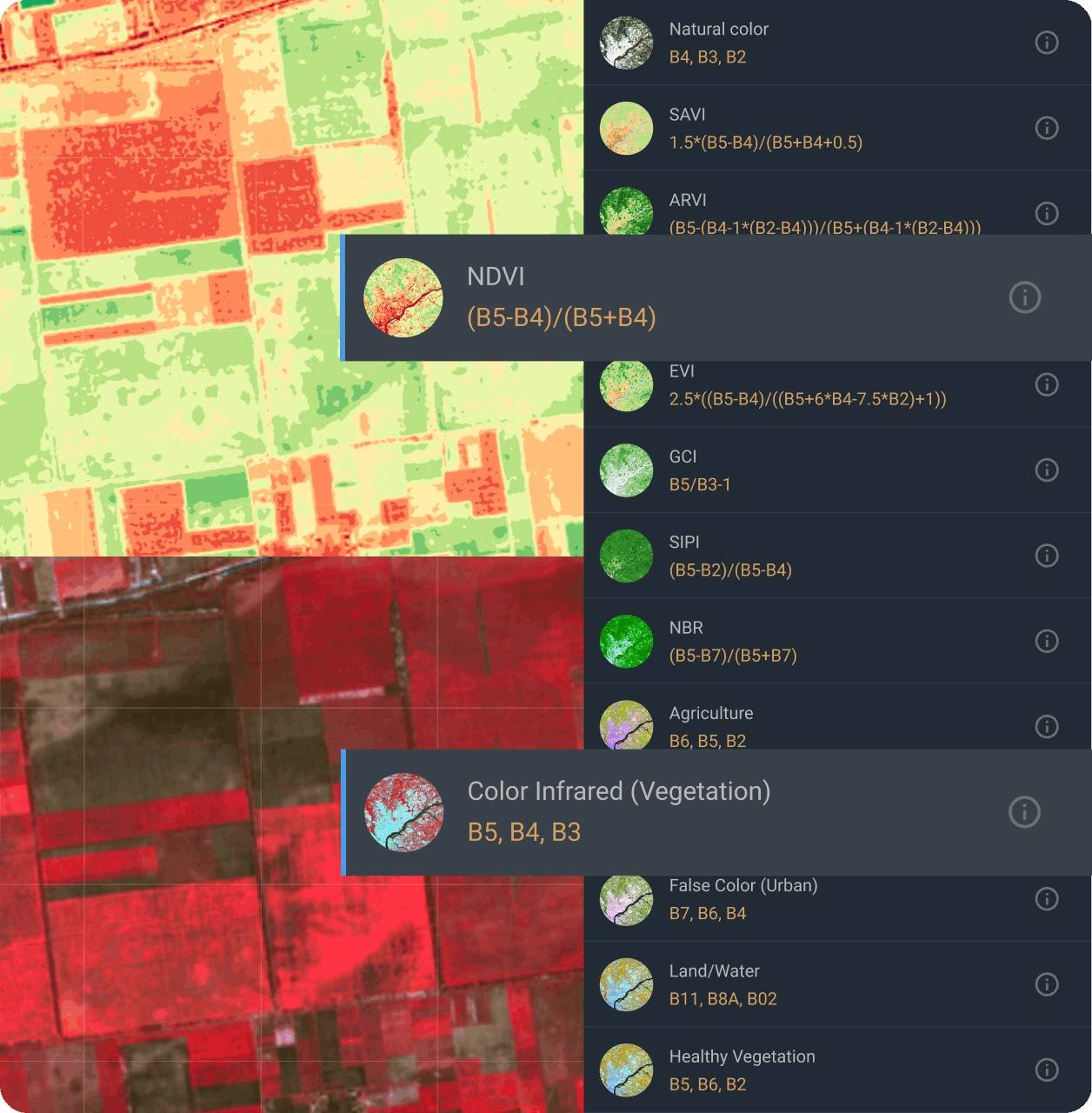 عرض مباشر عبر الأقمار الصناعية لمنطقة الاهتمام باستخدام مجموعتين مختلفتين من المؤشرات