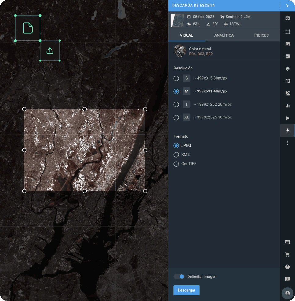 descargue cualquier imagen satelital de la Tierra en vivo o de archivo en formato GeoTIFF, KMZ o JPEG