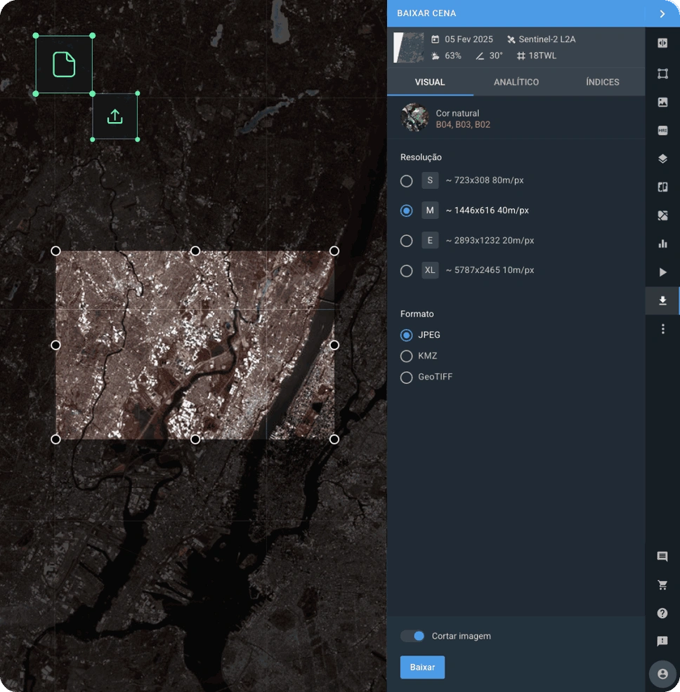 obtenha dados de satélite ao vivo no formato GeoTIFF, KMZ ou JPEG