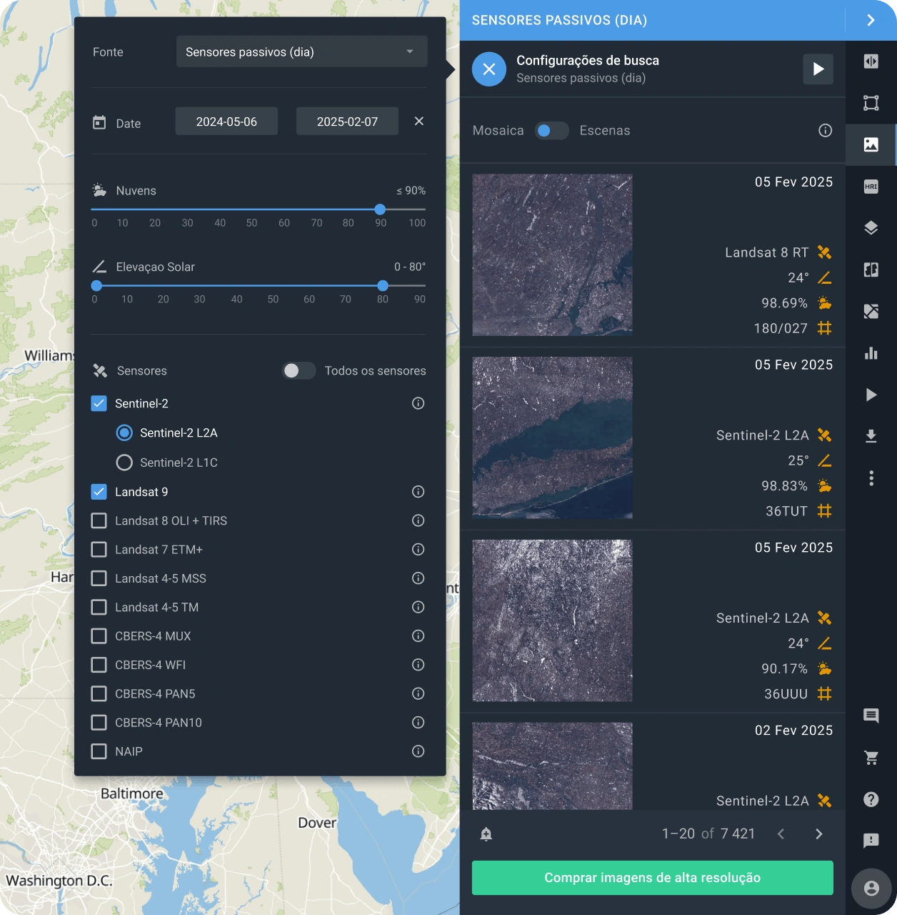 pesquise dados de satélite atuais usando diversos filtros