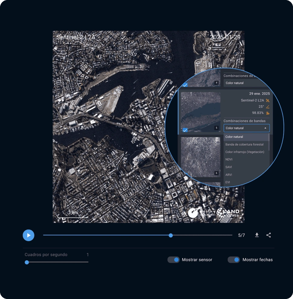 creación de animaciones de lapso de tiempo con múltiples vistas satelitales en vivo del AOI