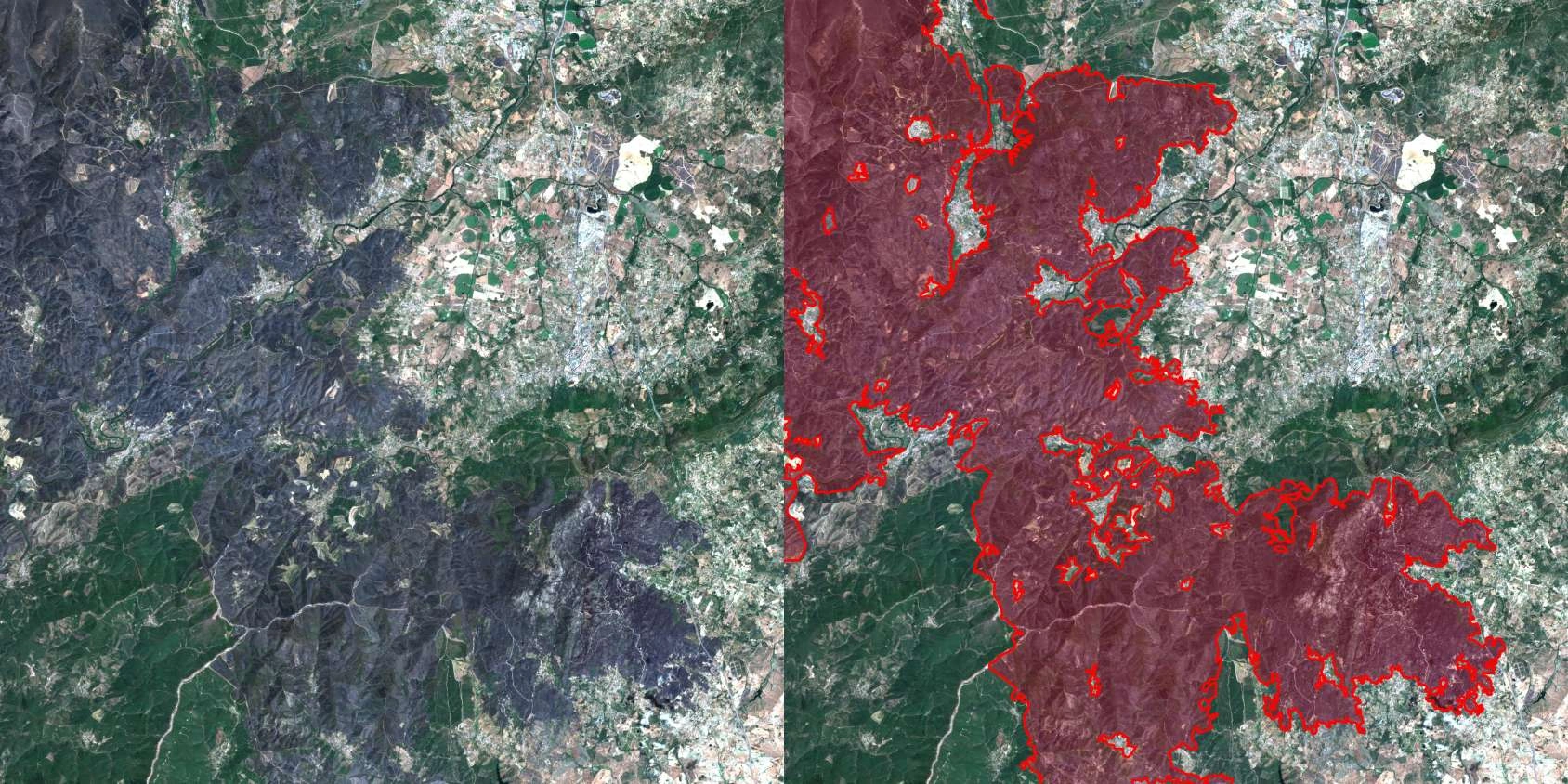EOS SAT-1 satellite image showing burned area detection in eastern Coimbra on August 23, 2025
