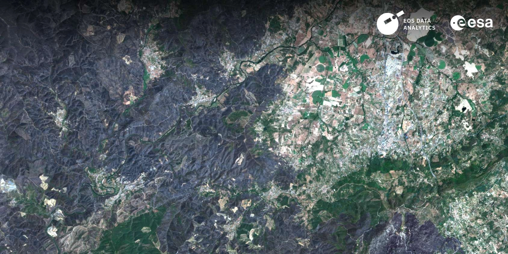 EOS SAT-1 satellite image showing burned area detection in eastern Coimbra on August 23, 2025