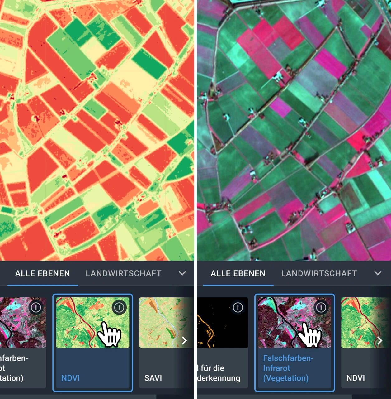 Live-Satellitenansicht des AOI mit zwei verschiedenen Indexkombinationen