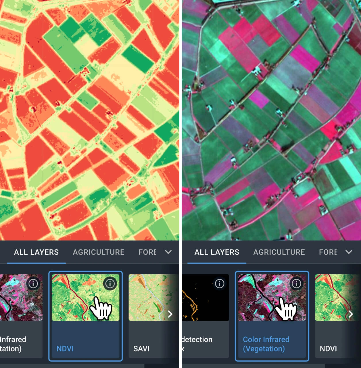 live satellite view of the AOI using two different index combinations