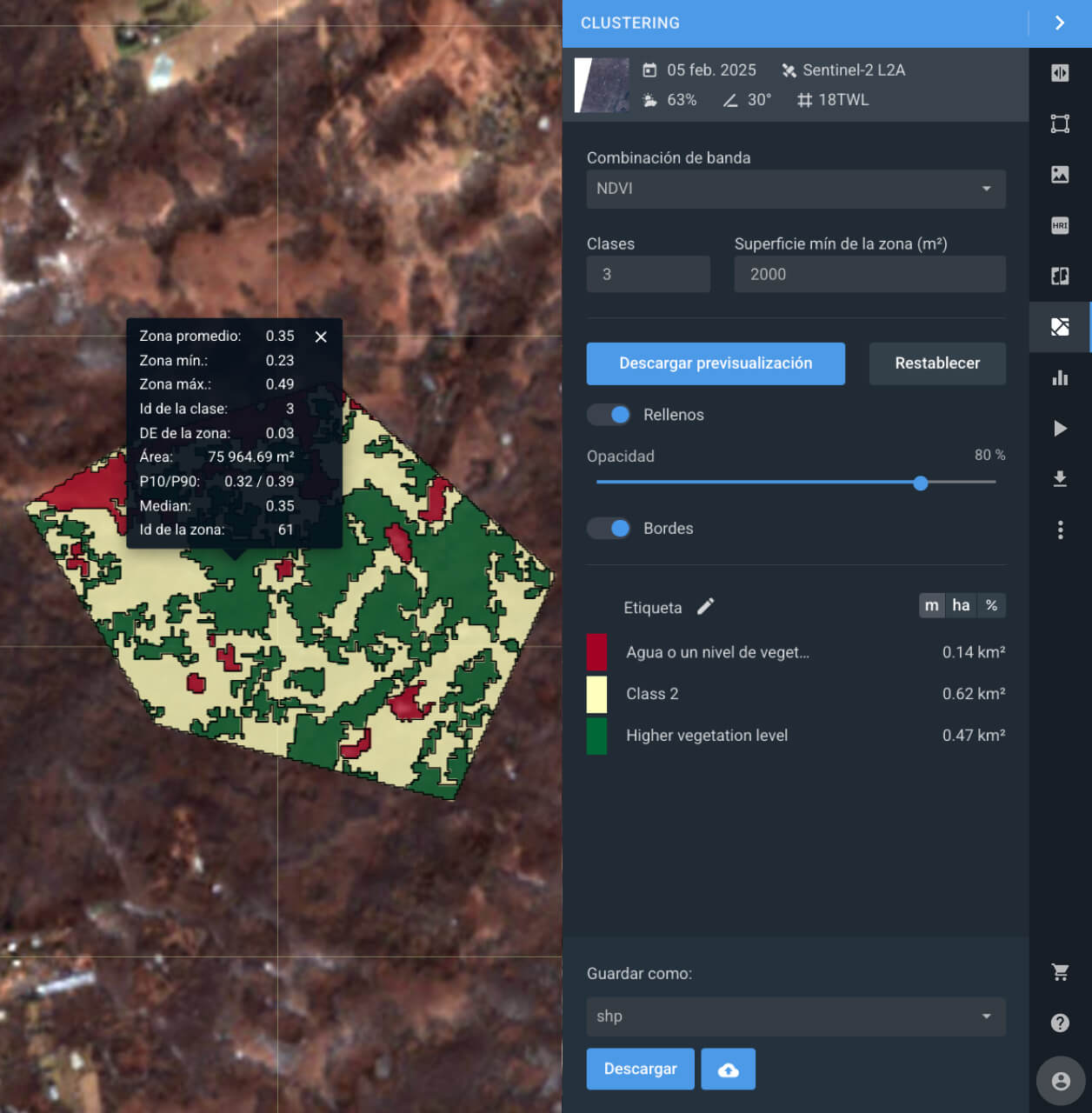 agrupación de datos de un AOI para obtener una visión simplificada de las características del terreno
