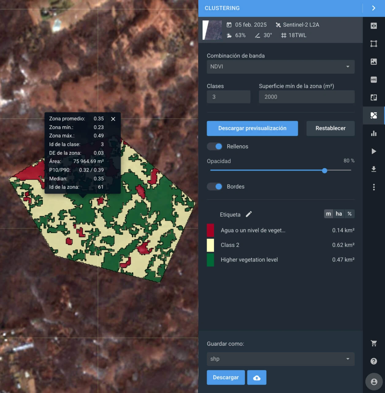 agrupación de datos de un AOI para obtener una visión simplificada de las características del terreno