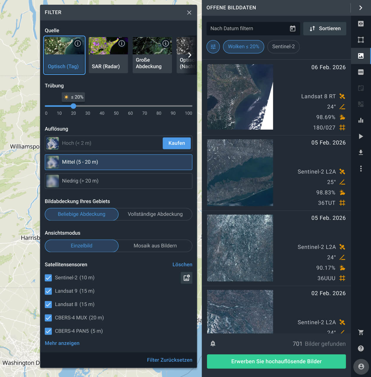 Suche nach Echtzeit-Satellitenbildern mit verschiedenen Filtern