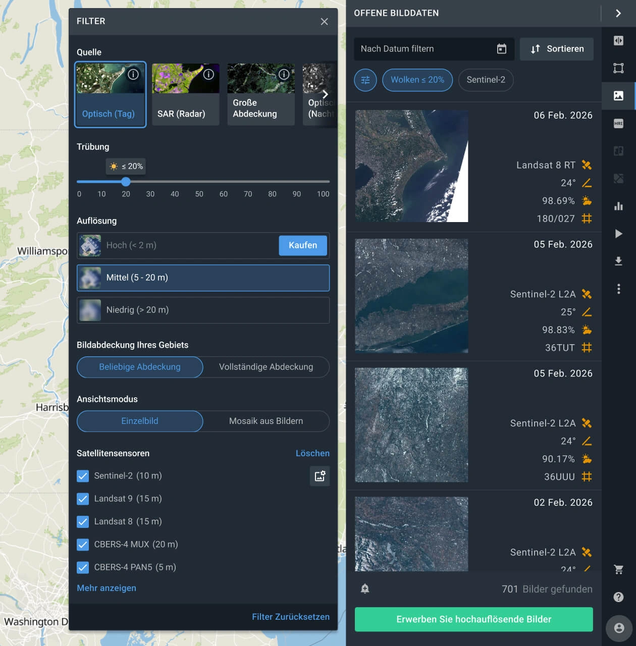 Suche nach Echtzeit-Satellitenbildern mit verschiedenen Filtern