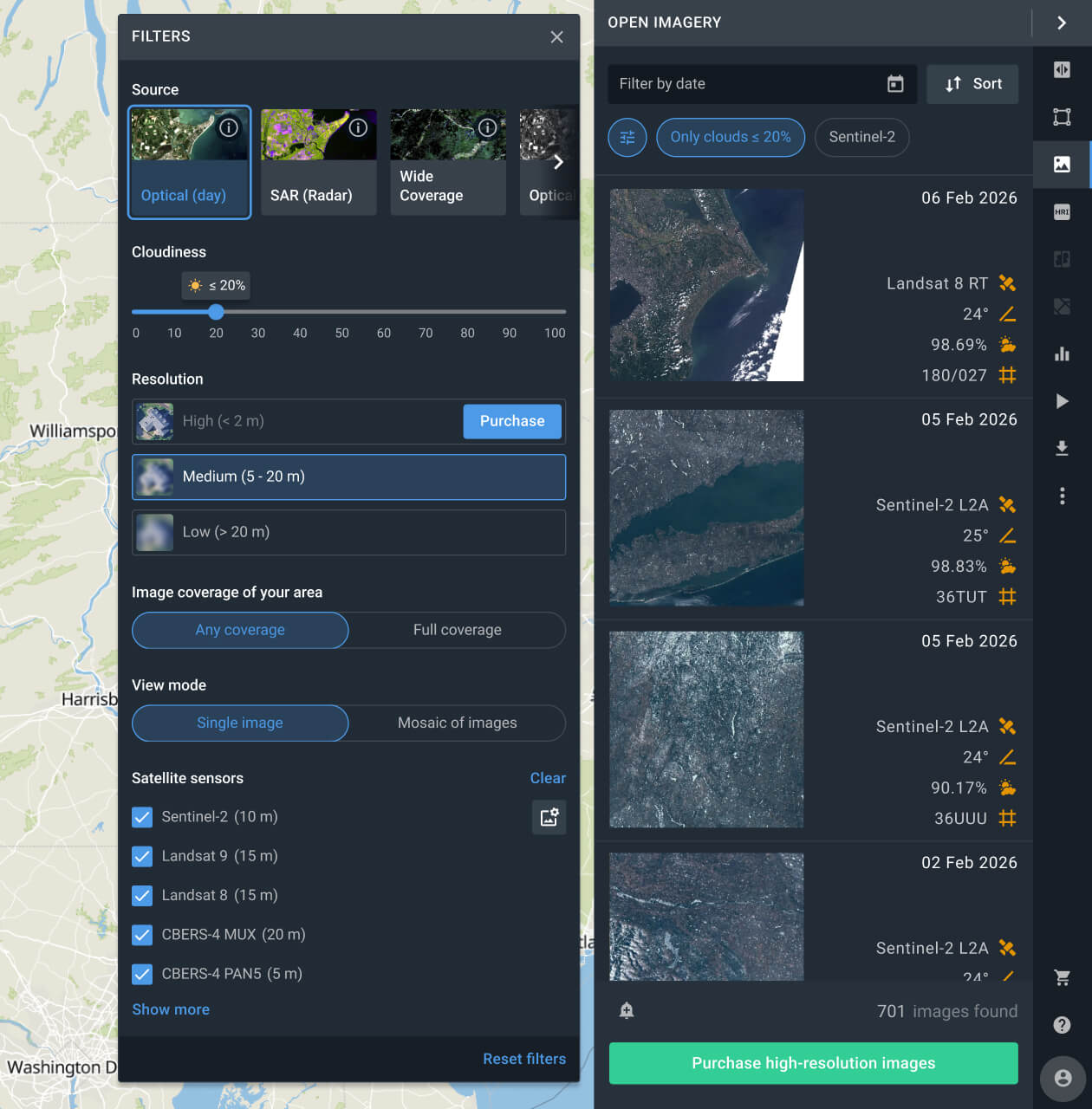search for current satellite images using various filters