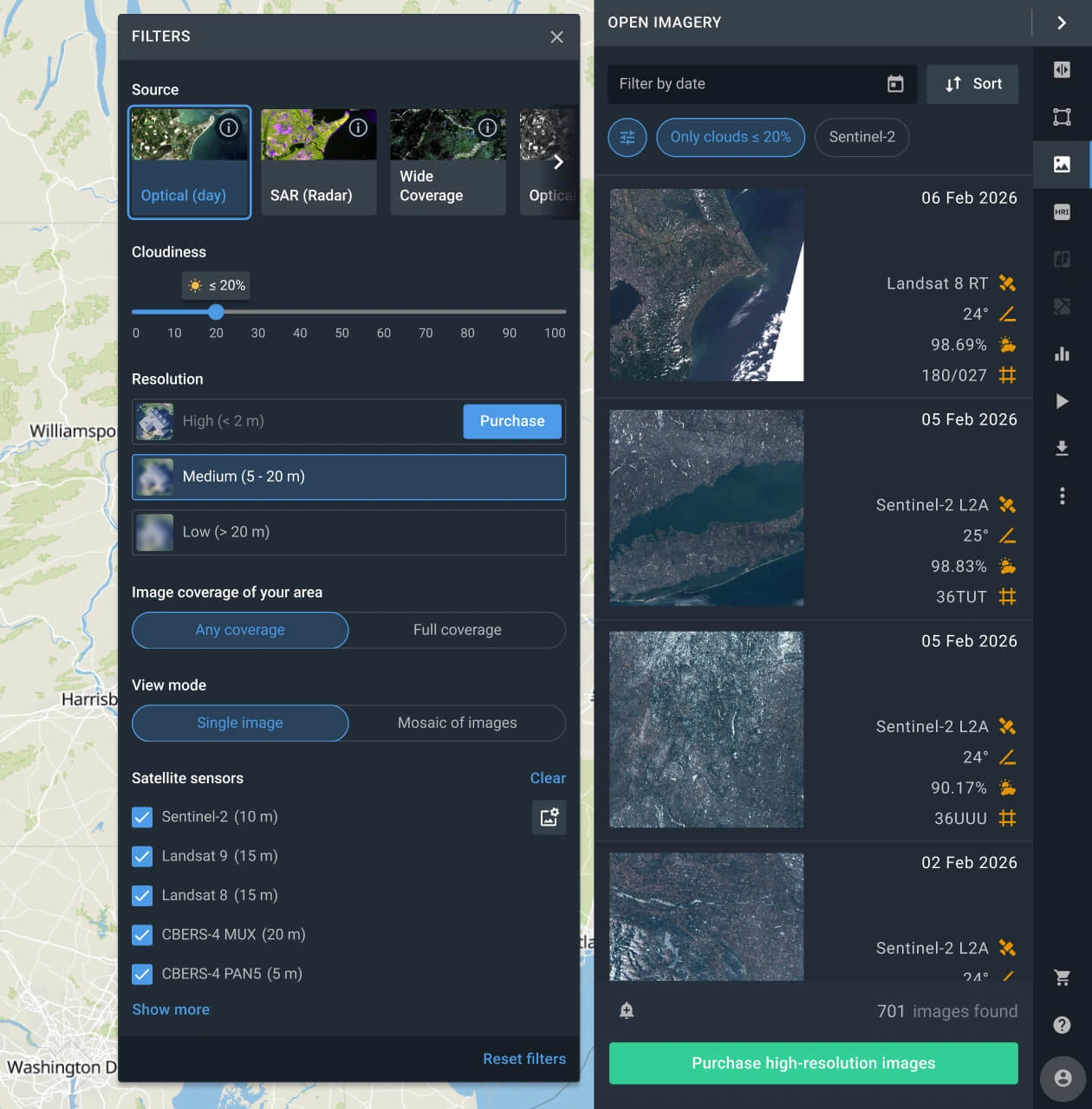 search for current satellite images using various filters