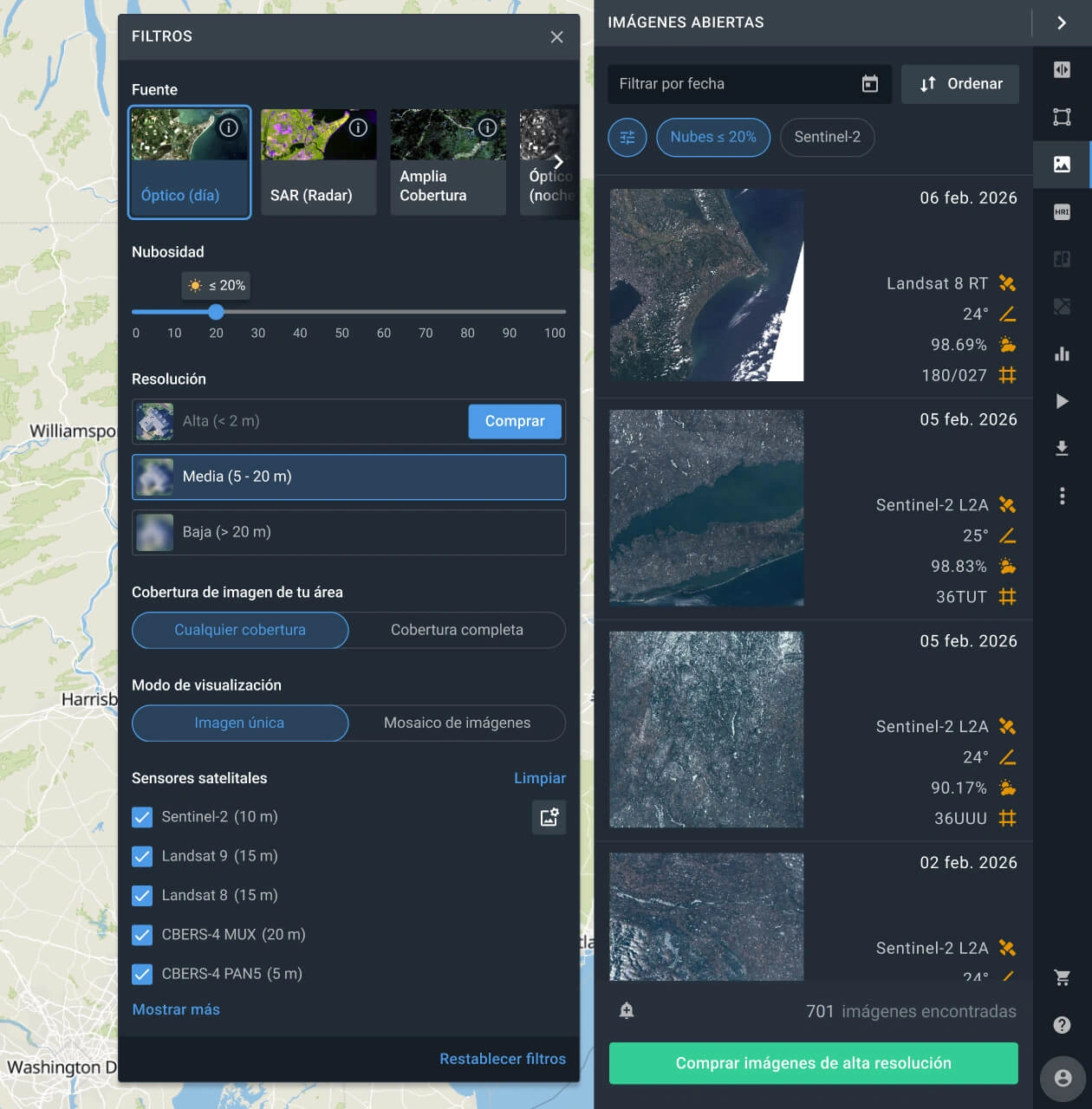 búsqueda de imágenes satelitales del planeta Tierra en tiempo real usando varios filtros