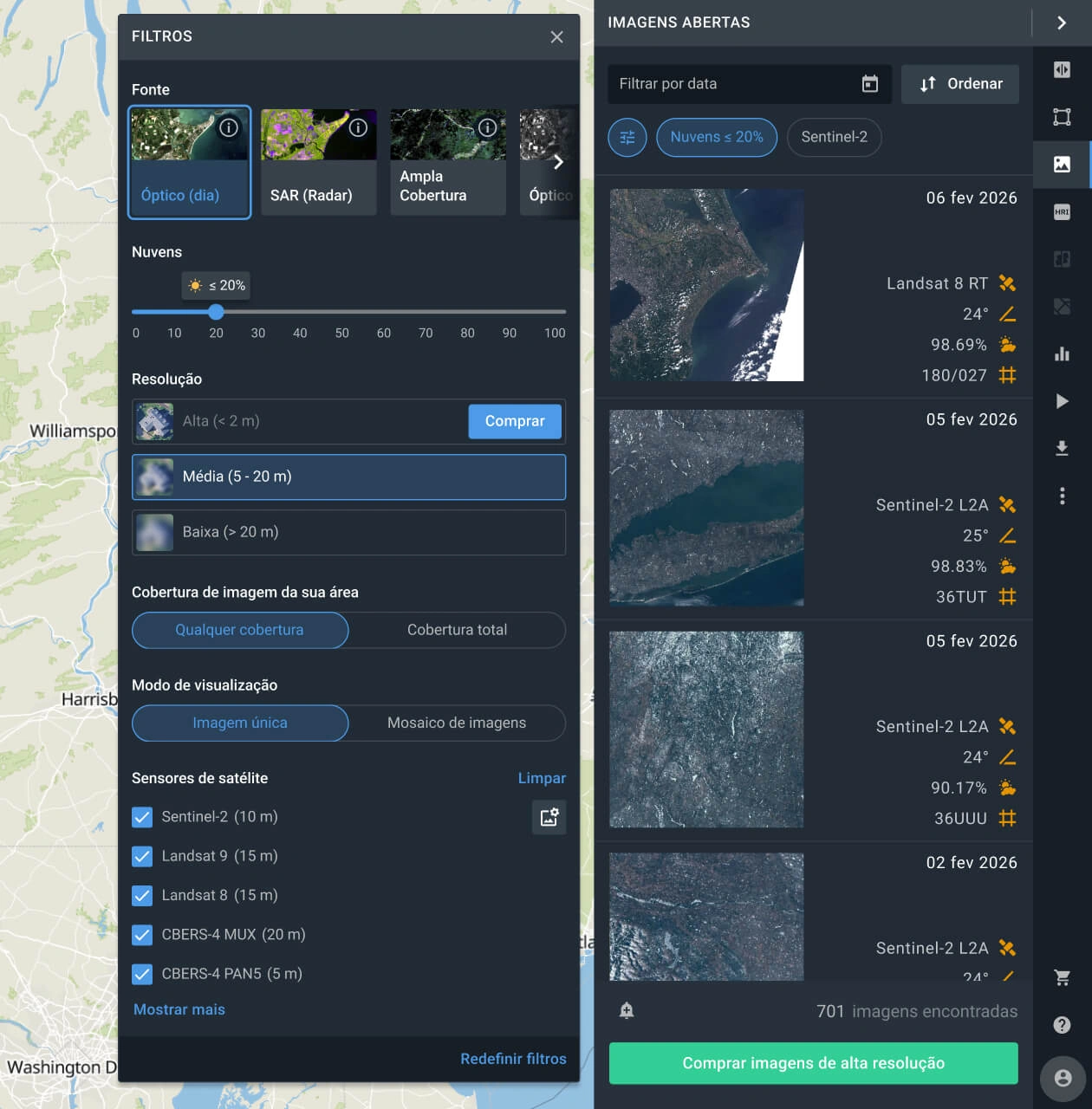pesquise dados de satélite atuais usando diversos filtros