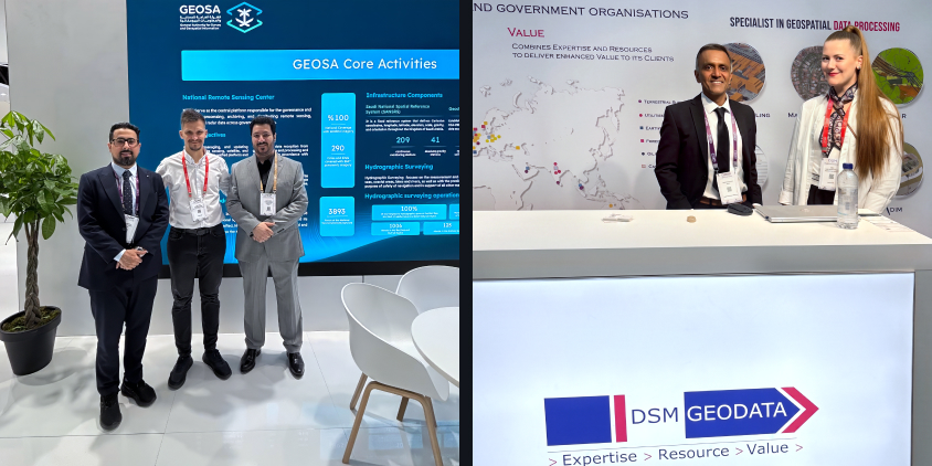 Dmytro Svyrydenko in the GEOSA booth and Anna Zakharchenko at the DSM GeoData booth
