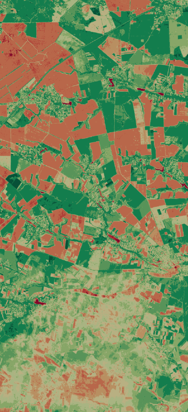 Campos agrícolas com áreas de alto risco destacadas