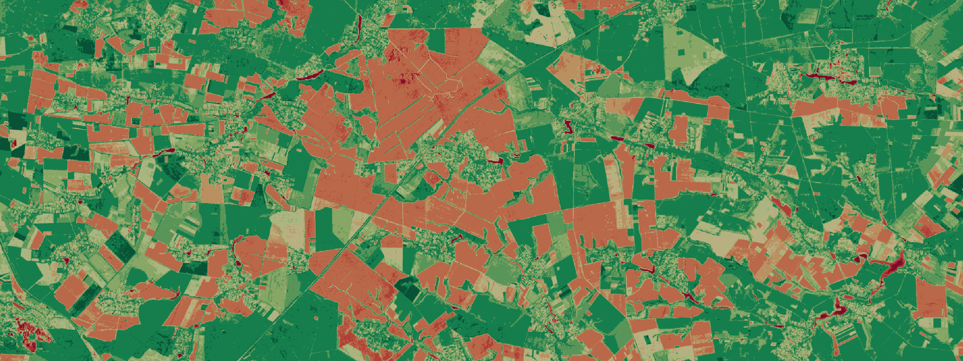Campos agrícolas com áreas de alto risco destacadas