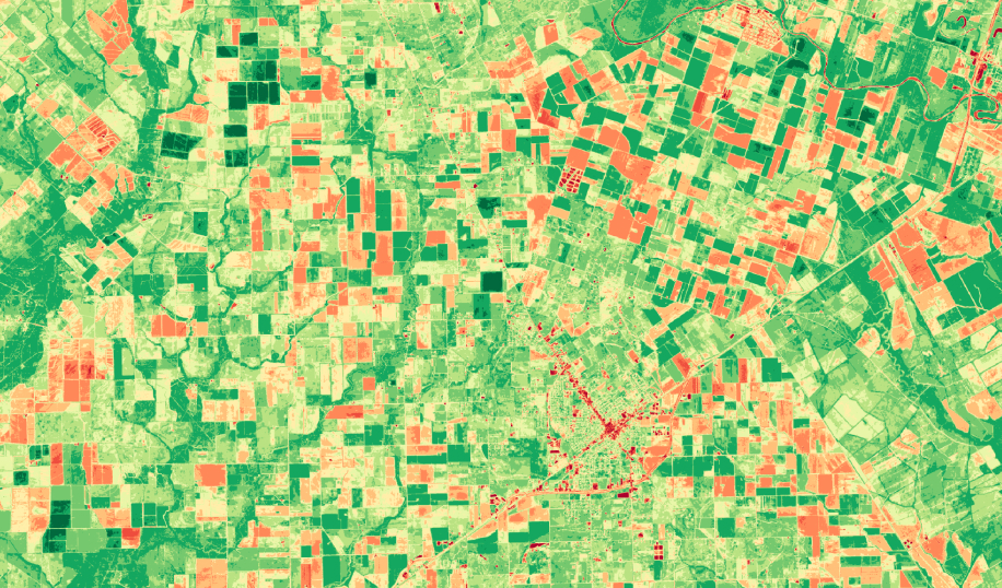 Mapa NDVI com áreas potencialmente menos produtivas destacadas em vermelho
